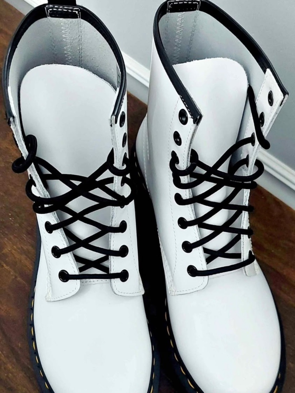 Dr. Martens White Leather Lace-Up Combat Boots with Black Trim